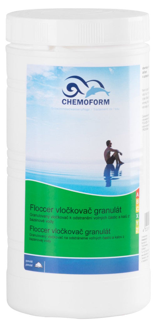 Medence pelyhesítő granulátum, Chemoform Floccer 0907, fehér, 1 kg, privát medencékhez, medencevíz tisztításához, vízfényesítő, szkimmerbe