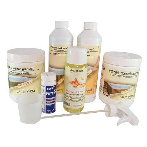 Jakuzzi vízkezelő készlet, Chemoform, aktív oxigénes, habzásgátlóval és pH-csökkentővel, aromával, tesztcsíkokkal