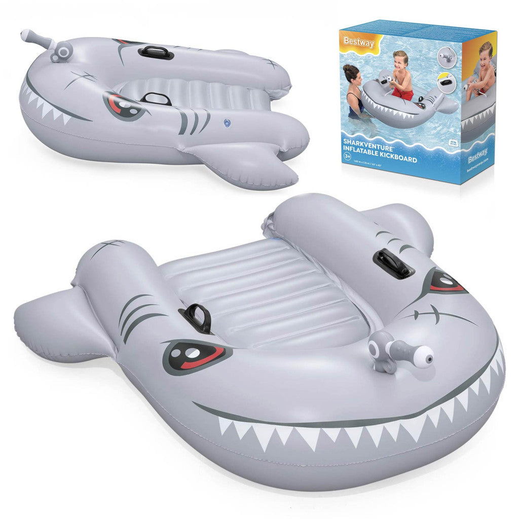 Felfújható úszódeszka, Bestway Sharkventure, 160 x 115 cm, cápa alakú, beépített vízipisztollyal, felfújható párnával, fogantyúkkal, 2 légkamrás, 3 éves kortól, 45 kg teherbírás (42073)