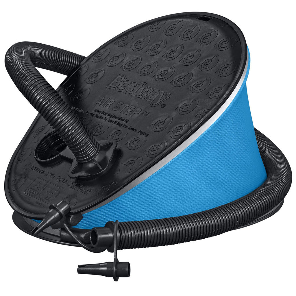 Lábpumpa, BESTWAY, fekete/kék, 1,6 l/ciklus, 28 x 22 cm, 3 cserélhető fúvóka, felfújás és leeresztés funkció, rugalmas tömlővel (62005)
