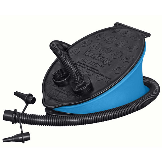 Lábpumpa, BESTWAY, fekete/kék, 0,8 l/ciklus, 23 x 15 cm, 3 cserélhető fúvóka, felfújás és leeresztés funkció, rugalmas tömlővel (62023)
