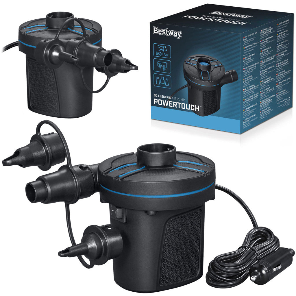 Elektromos pumpa, BESTWAY PowerTouch, fekete, 96 W, 12 V, 680 l/perc, 11,3 × 10,1 × 12,2 cm, 3 cserélhető fúvóka, felfújás és leeresztés funkció (62257)
