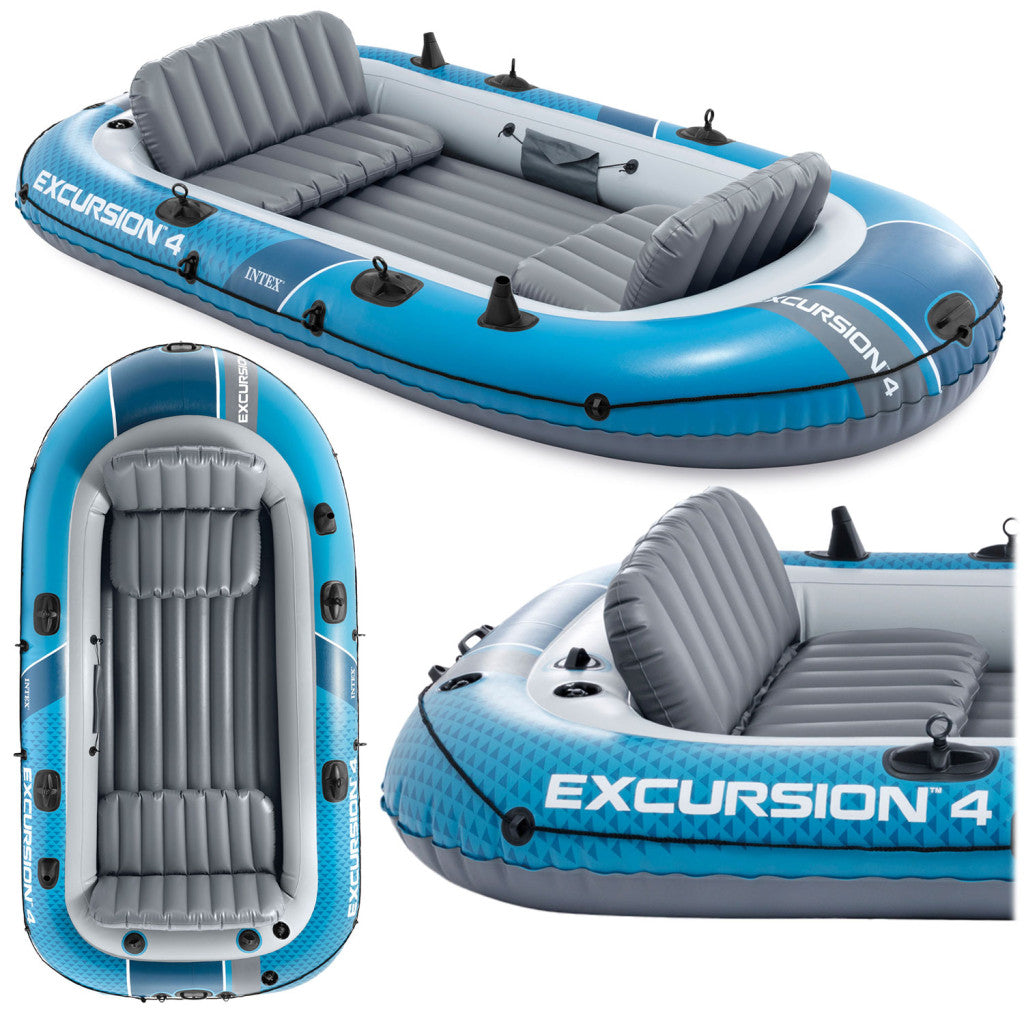 Gumicsónak, Intex Excursion 4 Set Sport Series, 315 x 165 x 43 cm, 4 személyes, PVC SuperStrong anyag, 3 légkamra, felfújható I-beam padló, 2 felfújható üléssel, 4 horgászbot-tartóval, alumínium evezőkkel és pumpával, 500 kg teherbírás (68324)