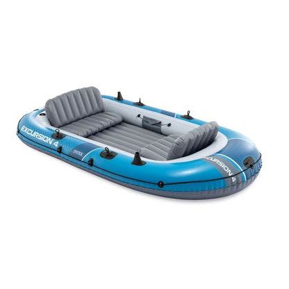 Gumicsónak, Intex Excursion 4 Set Sport Series, 315 x 165 x 43 cm, 4 személyes, PVC SuperStrong anyag, 3 légkamra, felfújható I-beam padló, 2 felfújható üléssel, 4 horgászbot-tartóval, alumínium evezőkkel és pumpával, 500 kg teherbírás (68324)