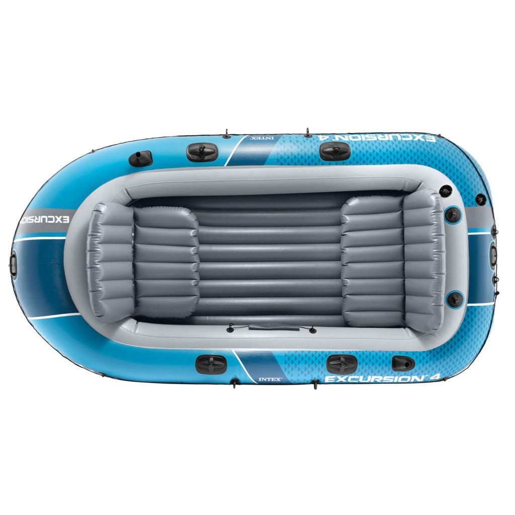 Gumicsónak, Intex Excursion 4 Set Sport Series, 315 x 165 x 43 cm, 4 személyes, PVC SuperStrong anyag, 3 légkamra, felfújható I-beam padló, 2 felfújható üléssel, 4 horgászbot-tartóval, alumínium evezőkkel és pumpával, 500 kg teherbírás (68324)
