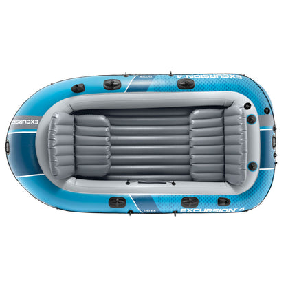 Gumicsónak, Intex Excursion 4 Set Sport Series, 315 x 165 x 43 cm, 4 személyes, PVC SuperStrong anyag, 3 légkamra, felfújható I-beam padló, 2 felfújható üléssel, 4 horgászbot-tartóval, alumínium evezőkkel és pumpával, 500 kg teherbírás (68324)