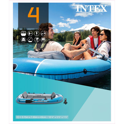 Gumicsónak, Intex Excursion 4 Set Sport Series, 315 x 165 x 43 cm, 4 személyes, PVC SuperStrong anyag, 3 légkamra, felfújható I-beam padló, 2 felfújható üléssel, 4 horgászbot-tartóval, alumínium evezőkkel és pumpával, 500 kg teherbírás (68324)