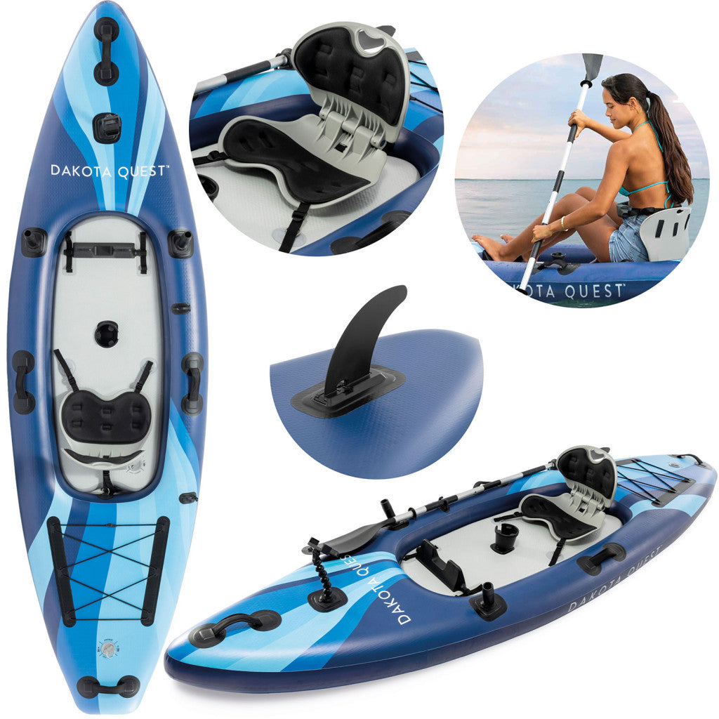 Kajak, Intex Dakota Quest Professional Series, 320 x 79 x 20 cm, 1 személyes, evezővel, pumpával, összecsukható háttámlás üléssel, nagy stabilizátorral, 2 horgászbot-tartóval, telefontartóval, pohártartóval, hátizsákkal, 160 kg teherbírás (68245)