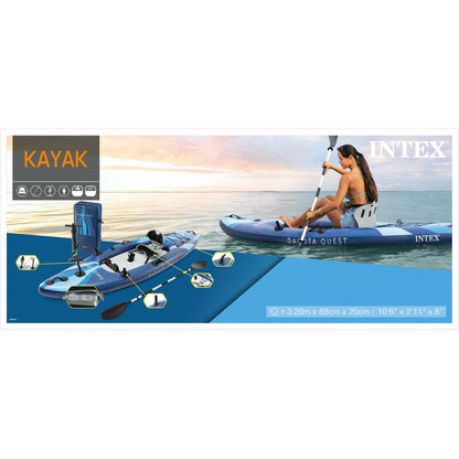 Kajak, Intex Dakota Quest Professional Series, 320 x 79 x 20 cm, 1 személyes, evezővel, pumpával, összecsukható háttámlás üléssel, nagy stabilizátorral, 2 horgászbot-tartóval, telefontartóval, pohártartóval, hátizsákkal, 160 kg teherbírás (68245)