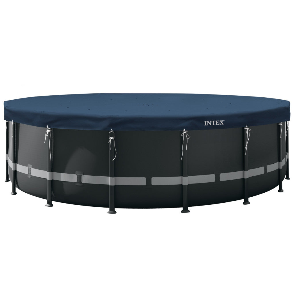 Kerek medencetakaró, Intex Deluxe négyévszakos, csővázas medencéhez, 732 cm átmérő, sötétkék, UV-álló háromrétegű anyag, 20 cm-es túlnyúlással, köteles rögzítéssel (28091)