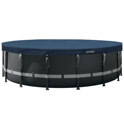 Kerek medencetakaró, Intex Deluxe négyévszakos, csővázas medencéhez, 732 cm átmérő, sötétkék, UV-álló háromrétegű anyag, 20 cm-es túlnyúlással, köteles rögzítéssel (28091)
