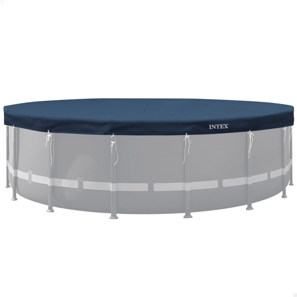 Kerek medencetakaró, Intex Deluxe négyévszakos, csővázas medencéhez, 732 cm átmérő, sötétkék, UV-álló háromrétegű anyag, 20 cm-es túlnyúlással, köteles rögzítéssel (28091)