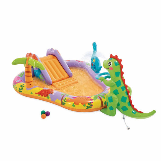 Felfújható vízi játék, Intex Dino Park, 201 × 157 × 69 cm, zöld, dinoszaurusz mintás, csúszdával, labdákkal, locsolótömlőre csatlakoztatható zuhannyal (56139)
