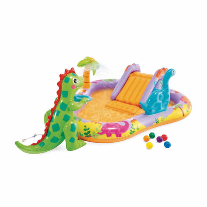 Felfújható vízi játék, Intex Dino Park, 201 × 157 × 69 cm, zöld, dinoszaurusz mintás, csúszdával, labdákkal, locsolótömlőre csatlakoztatható zuhannyal (56139)