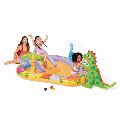 Felfújható vízi játék, Intex Dino Park, 201 × 157 × 69 cm, zöld, dinoszaurusz mintás, csúszdával, labdákkal, locsolótömlőre csatlakoztatható zuhannyal (56139)