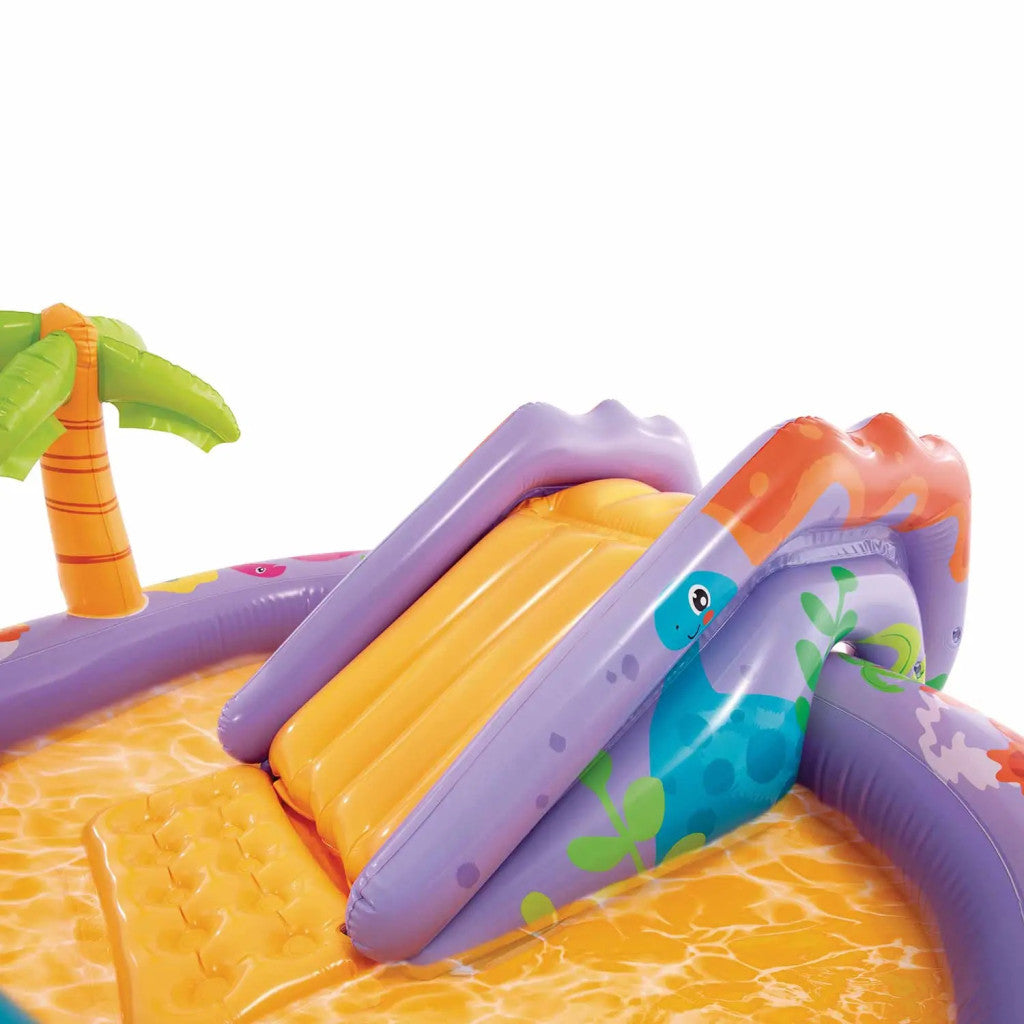 Felfújható vízi játék, Intex Dino Park, 201 × 157 × 69 cm, zöld, dinoszaurusz mintás, csúszdával, labdákkal, locsolótömlőre csatlakoztatható zuhannyal (56139)
