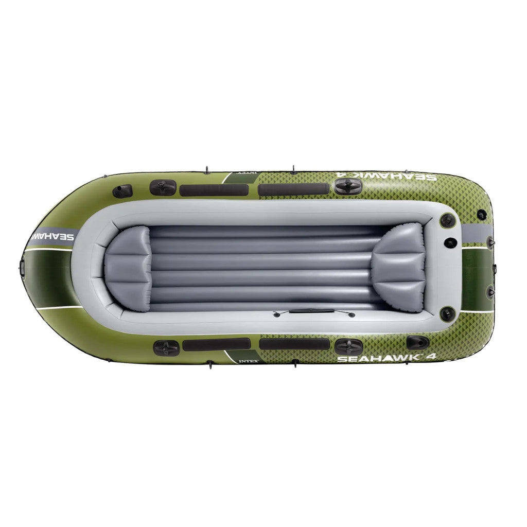 Felfújható csónak szett, Intex Seahawk 4, 351 x 145 x 48 cm, zöld, négyszemélyes, megerősített PVC, pumpával és evezőkkel (66334)