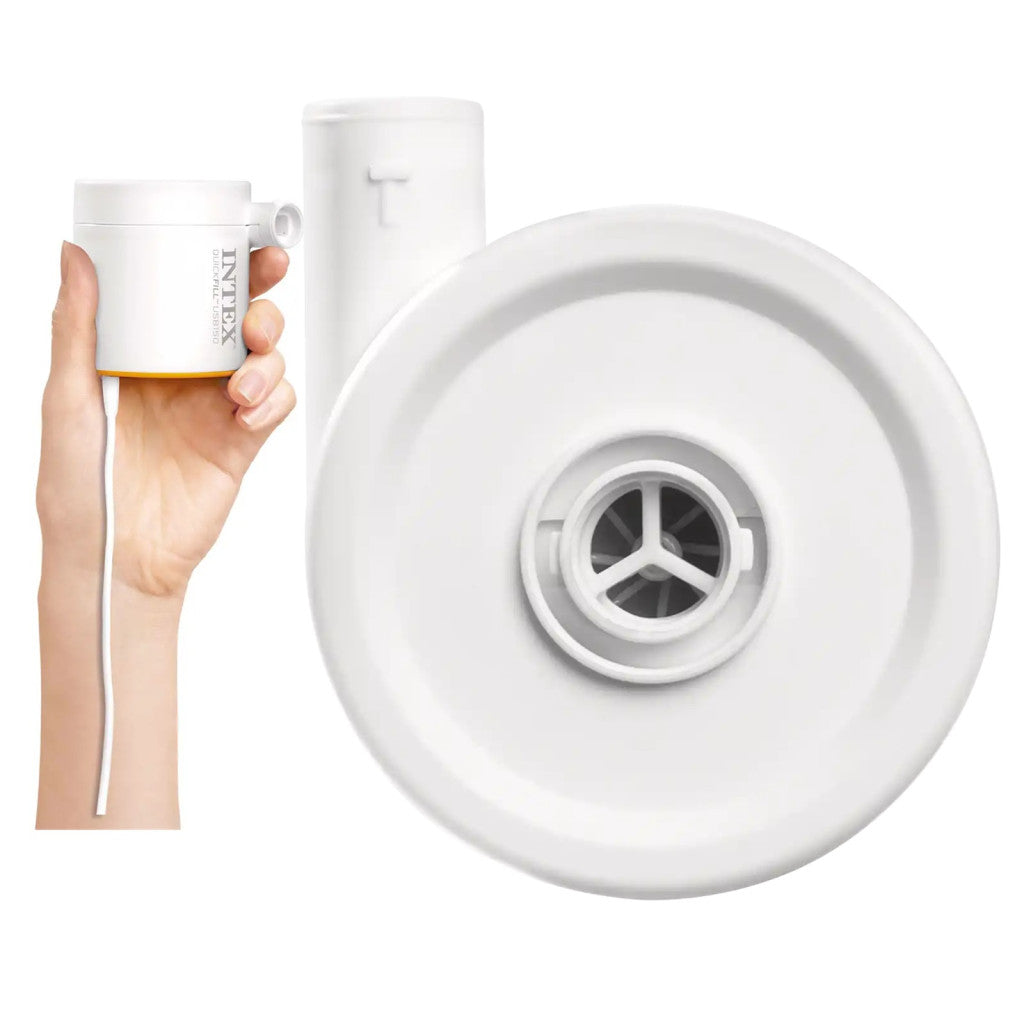 Elektromos pumpa, Intex Quickfill USB150, kompakt kivitel, fehér, felfújáshoz és leeresztéshez, USB-ről működtethető, két cserélhető fúvókával, tárolótáskával (66616)