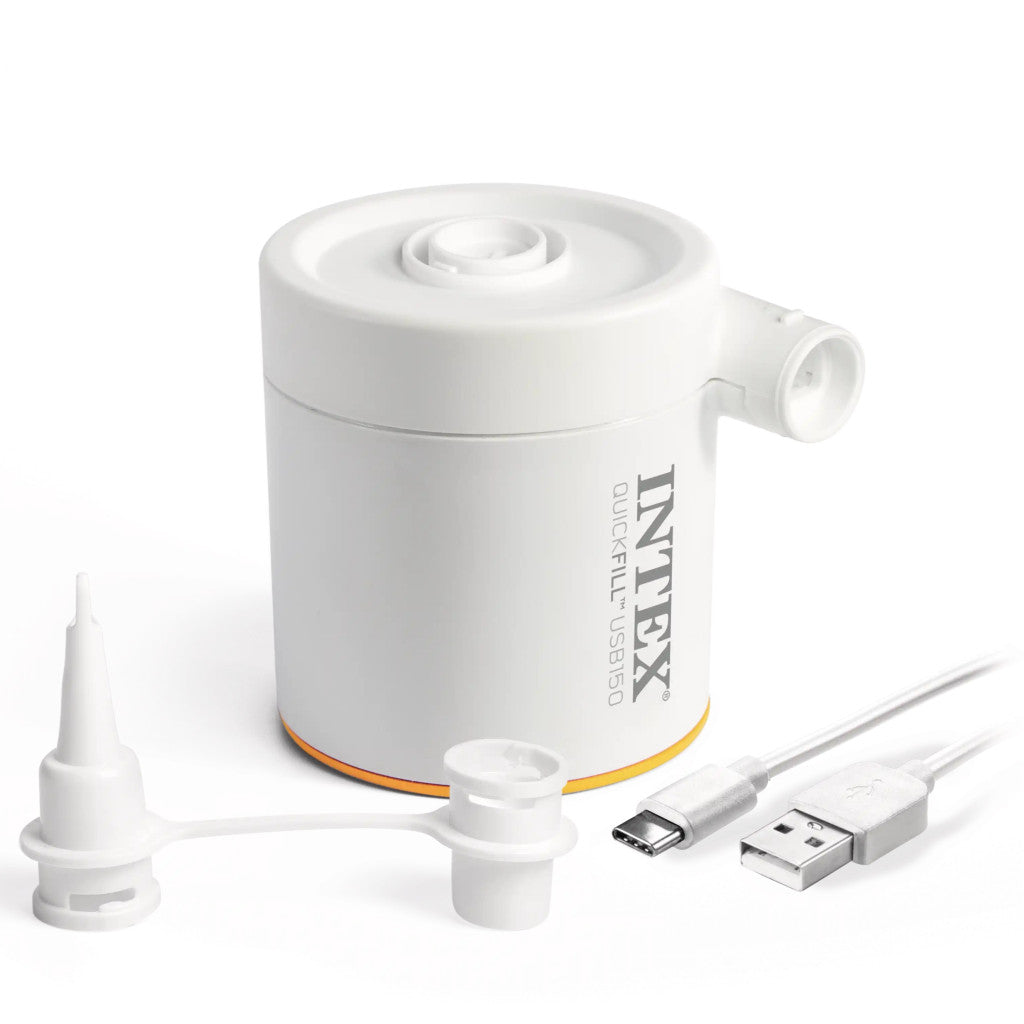 Elektromos pumpa, Intex Quickfill USB150, kompakt kivitel, fehér, felfújáshoz és leeresztéshez, USB-ről működtethető, két cserélhető fúvókával, tárolótáskával (66616)