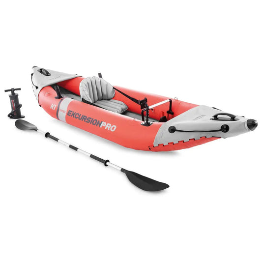 Felfújható kajak, Intex Excursion Pro K1, 305 x 91 x 46 cm, piros/szürke, egyszemélyes, megerősített PVC, felfújható üléssel, pumpával és evezőkkel (68303)