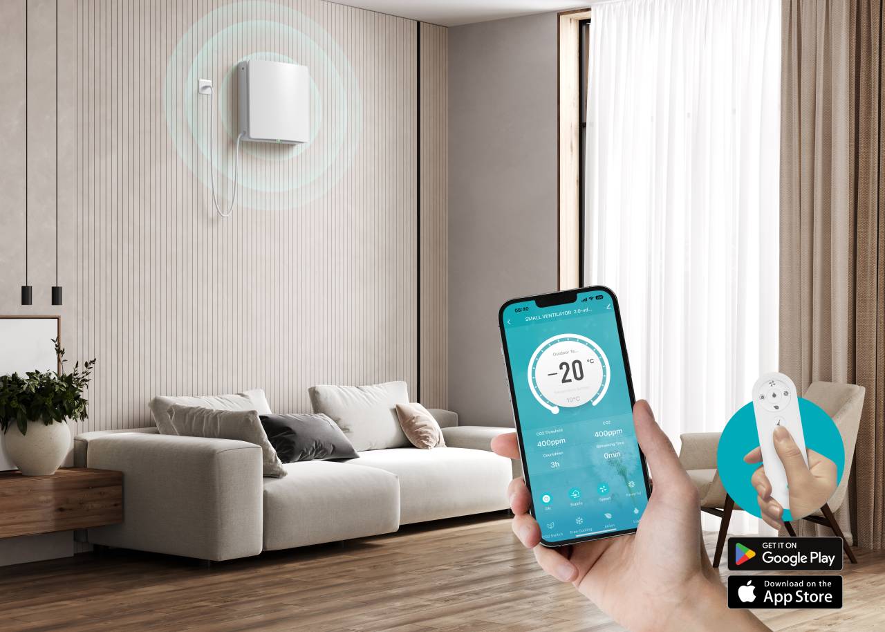 HOLTOP/AIRWOODS AV-TTW5-W egyhelyiséges hővisszanyerős szellőztető automata zsaluval, WiFi csatlakozással, páraérzékelő szenzorral, pollenszűrővel