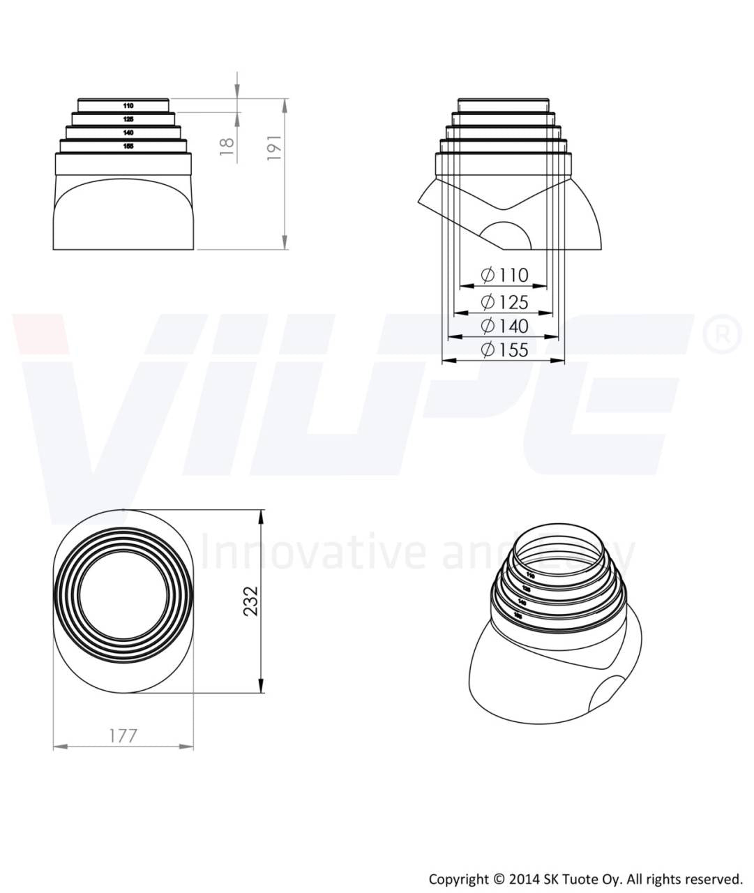 VILPE® 110-155 csőkivezető elem, fekete
