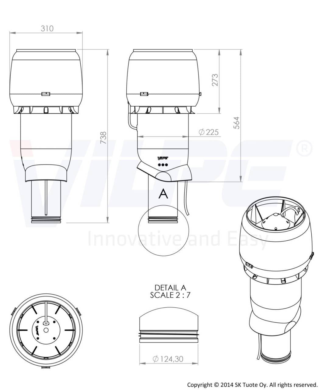 VILPE® E190P/125/IS/500 tetőventilátor, szürke