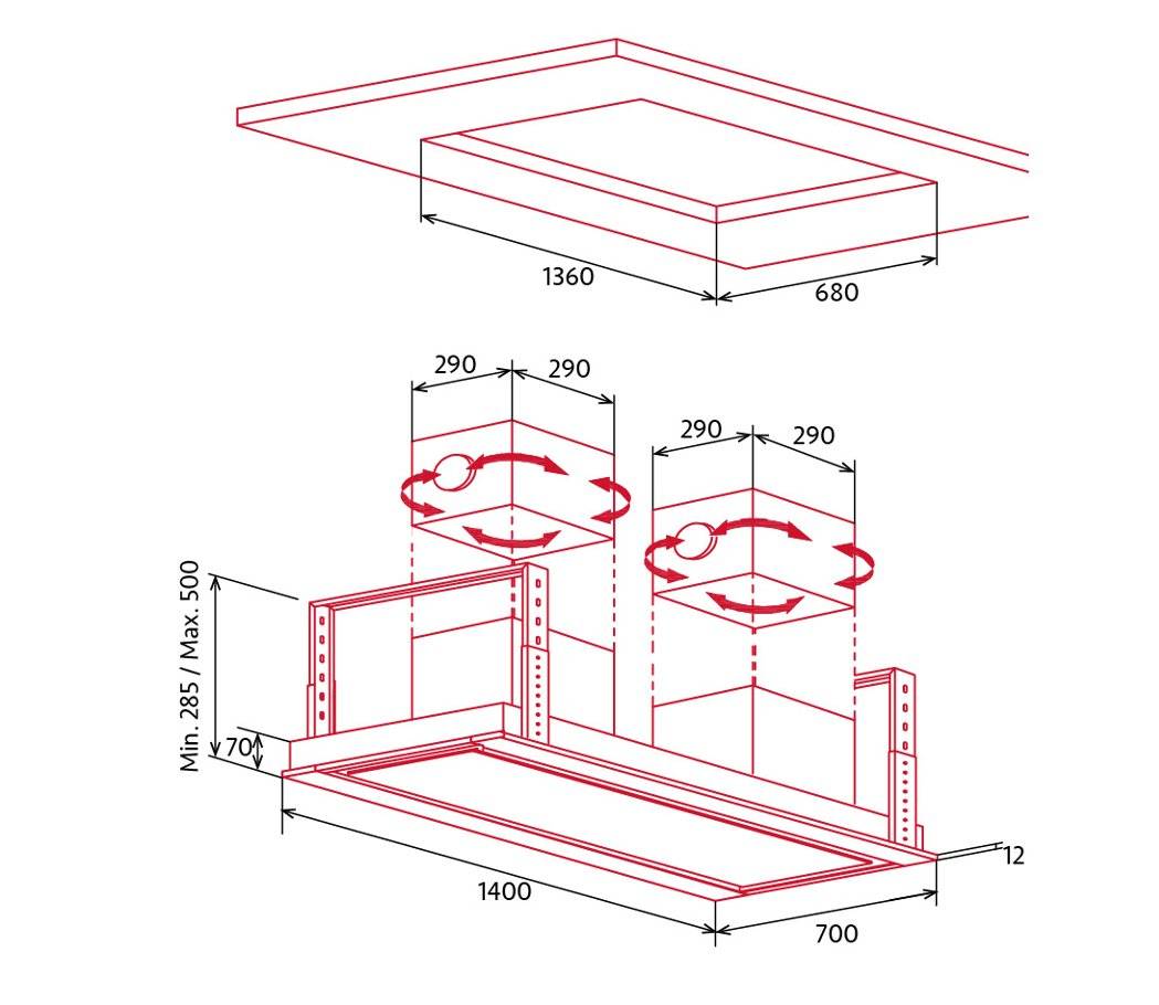 Nodor - Páraelszívó NorBreeze ISLA DEIMOS 1400 TWIN RF Hob to Hood