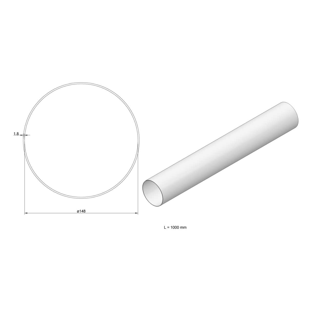 Elica - Légtechnikai cső ø150 mm, hossz: 1000 mm