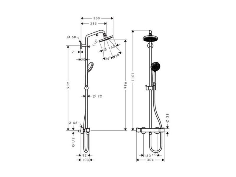 HANSGROHE CROMA 160 1JET SHOWERPIPE ZUHANYRENDSZER - TERMOSZTÁTOS CSAPTELEPPEL