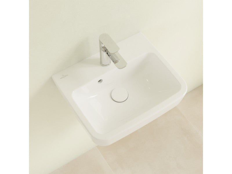 VILLEROY & BOCH O.NOVO KÉZMOSÓ SZÖGLETES, KÖZÉPSŐ CSAPLYUKFURAT KIÜTVE, TÚLFOLYÓVAL, 45X37