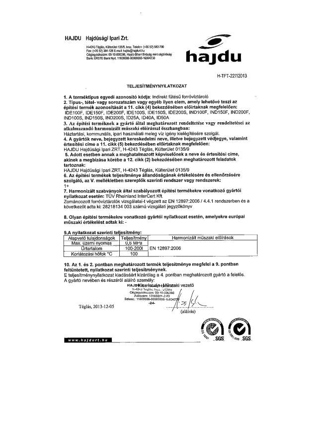 HAJDU IDE100S INDIREKT TÁROLÓ ÁLLÓ + FŰTŐB. ERP