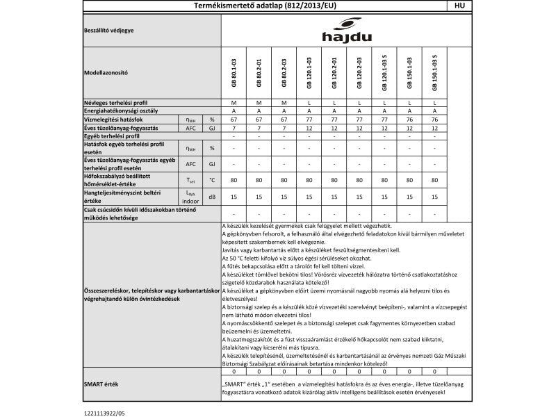 HAJDU GÁZBOJLER 120L, FALI, ZÁRT RENDSZERŰ, KÉMÉNYES, GB 120.1-03