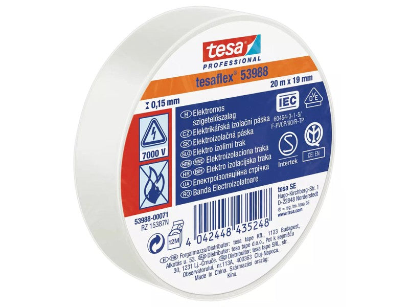 TESA SZIGETELŐSZALAG ELEKTROMOS EGYESÉVEL ZSUGOROZVA, FEHÉR 20M:19MM