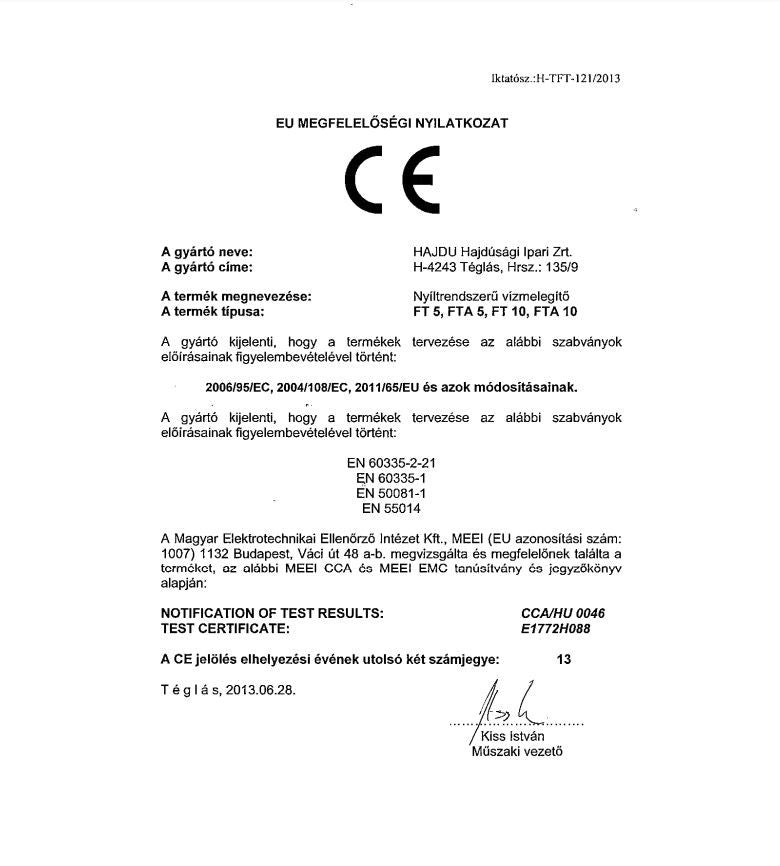 HAJDU FT 10, NYÍLT RENDSZERŰ VÍZMELEGÍTŐ, FELSŐS + CSAPTELEP 2121221111