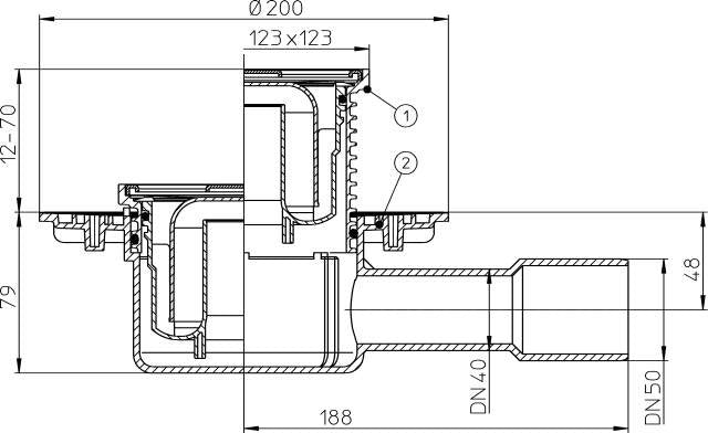 HL 510N PADLÓLEFOLYÓ DN40/50, VÍZSZINTES KIMENETTEL, 123X123/115X115MM