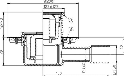 HL 510N PADLÓLEFOLYÓ DN40/50, VÍZSZINTES KIMENETTEL, 123X123/115X115MM
