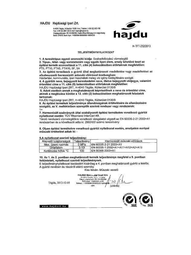 HAJDU FT 10, NYÍLT RENDSZERŰ VÍZMELEGÍTŐ, FELSŐS + CSAPTELEP 2121221111
