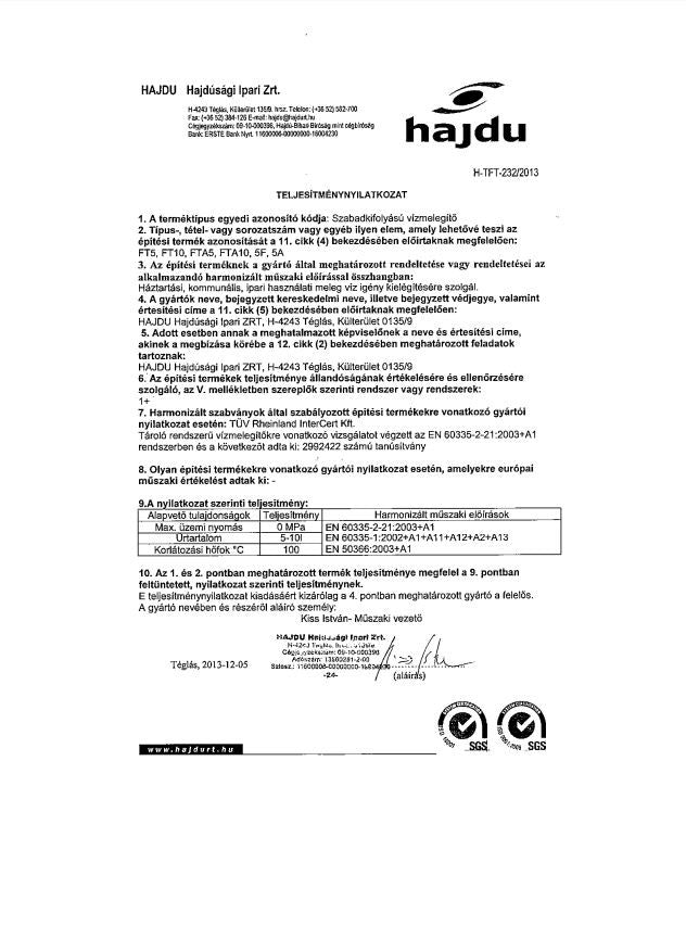 HAJDU FTA-10, NYÍLT RENDSZERŰ VÍZMELEGÍTŐ, ALSÓS + EGYKAROS CSAPTELEP
