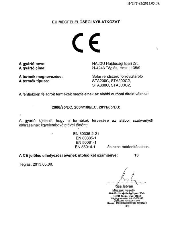 HAJDU STA300C  SOLAR TAROLÓ 1 HŐCSERÉLŐS