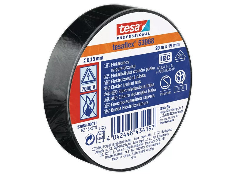 TESA SZIGETELŐSZALAG ELEKTROMOS EGYESÉVEL ZSUGOROZVA, FEKETE 20M:19MM