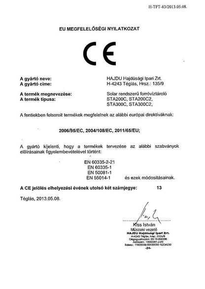 HAJDU STA300C2 SZTEA SOLAR TÁROLÓ 2 HŐCSERÉLŐ