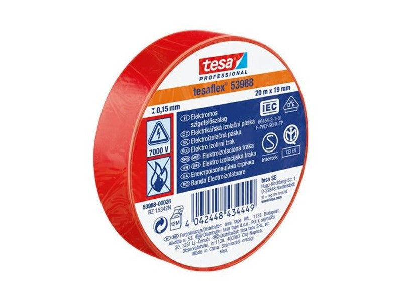 TESA SZIGETELŐSZALAG ELEKTROMOS EGYESÉVEL ZSUGOROZVA, PIROS 20M:19MM