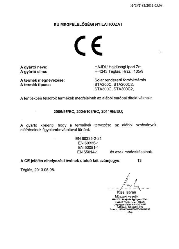 HAJDU STA200C  SOLAR TÁROLÓ 1 HŐCSERÉLŐS