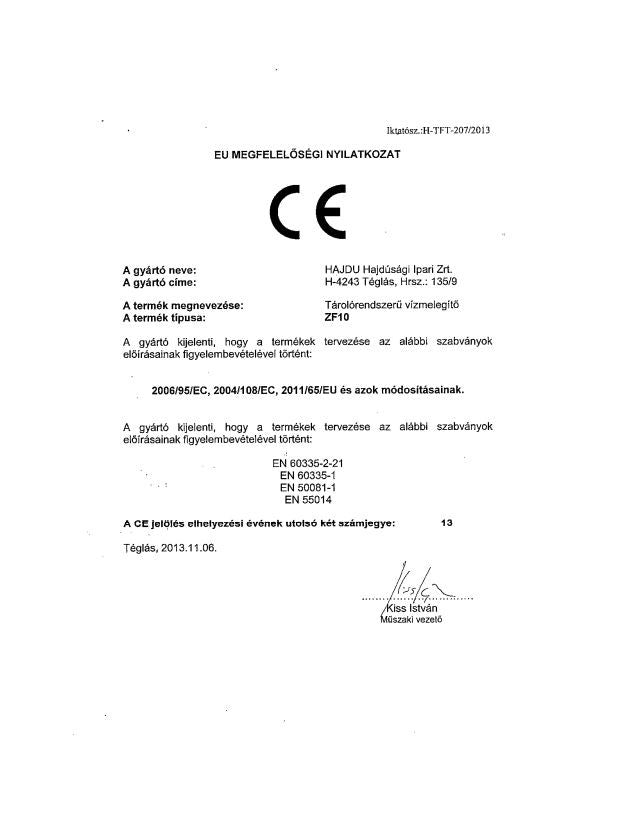 HAJDU ZF-10 VÍZMELEGÍTŐ 10L FELSŐS - ZÁRT RENDSZERŰ 2111211811
