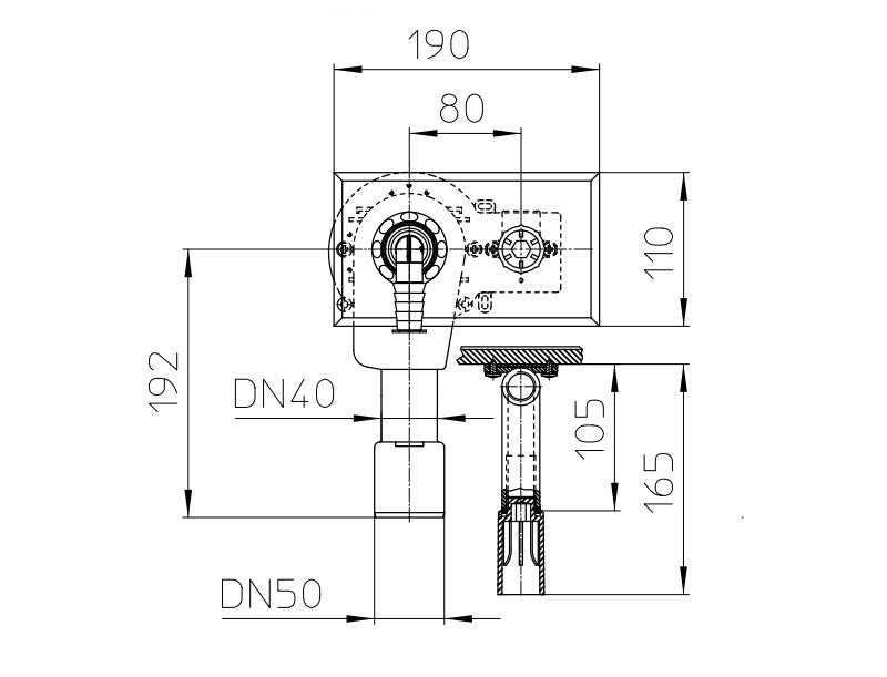 HL 406 MOSÓGÉPSZIFON FALBA SÜLLYESZTVE, DN40/50, 1/2" LÉGBESZÍVÓS SAROKSZELEPPEL, NEMESACÉL FEDÉL