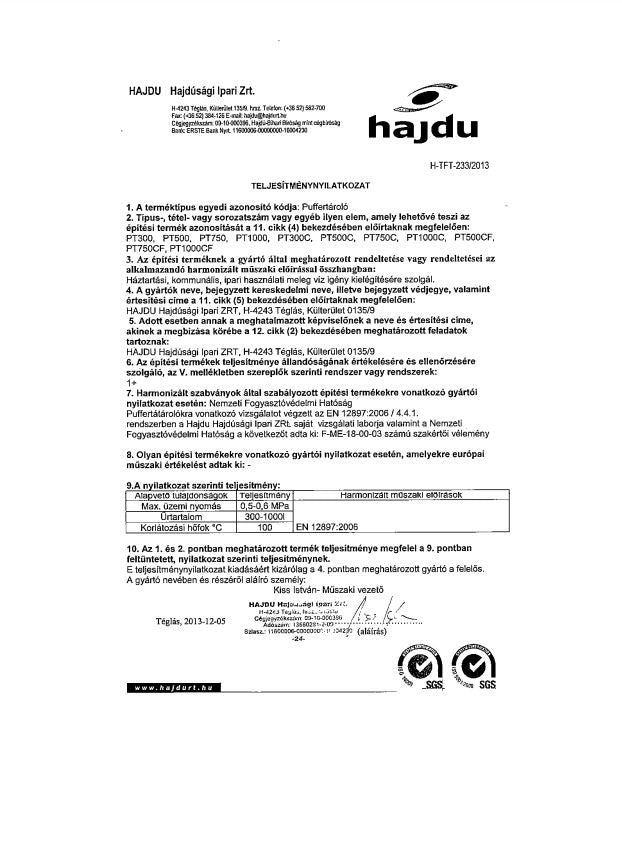 HAJDU PT1000CF FŰTÉSI PUFFERTÁROLÓ 1FŰTÉSI+1HMV HŐCS + SZIGETELÉS