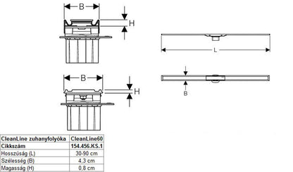 GEBERIT CLEANLINE60 ZUHANYFOLYÓKA FÉNYES/ROZSDAMENTES 30-90CM