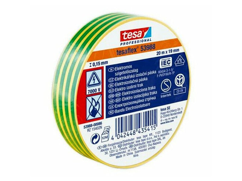TESA SZIGETELŐSZALAG ELEKTROMOS EGYESÉVEL ZSUGOROZVA, ZÖLD-SÁRGA 20M:19MM